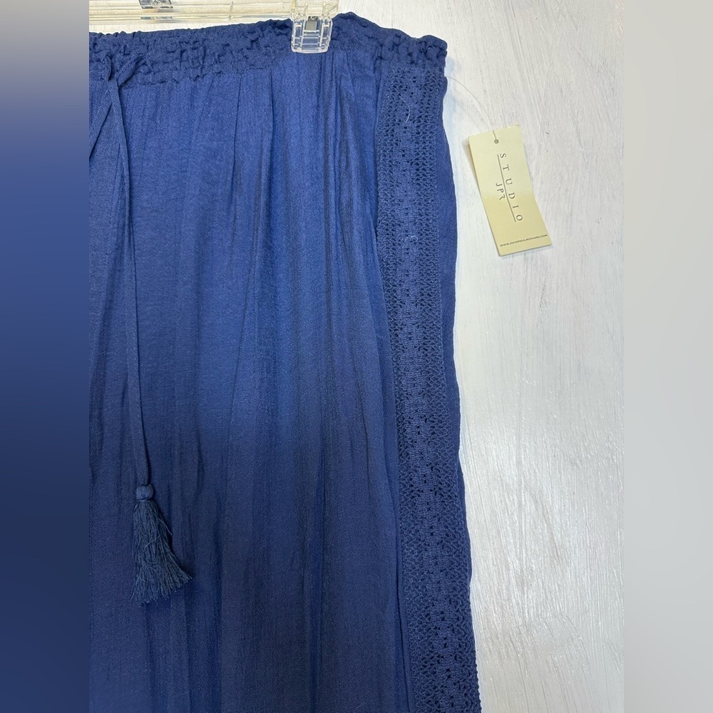 Studio JPR Navy Wide Leg Pants XL Smocked Waist Tassel Drawstring Boho Beach - Picture 7 of 11